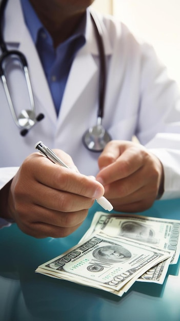 Photo a doctor is holding a dollar bill and a pen