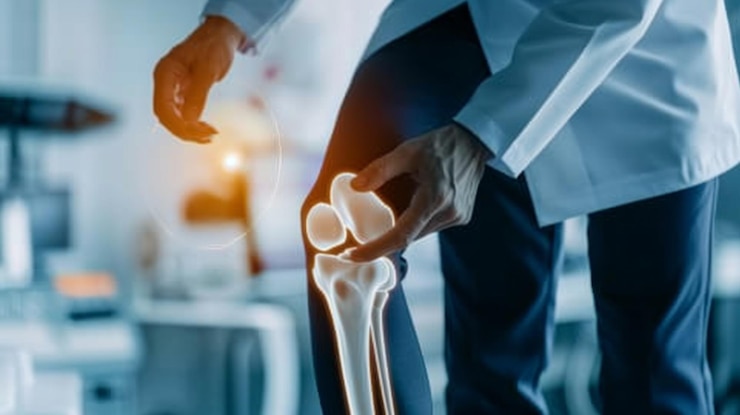 Photo a doctor is holding a knee in a hospital room