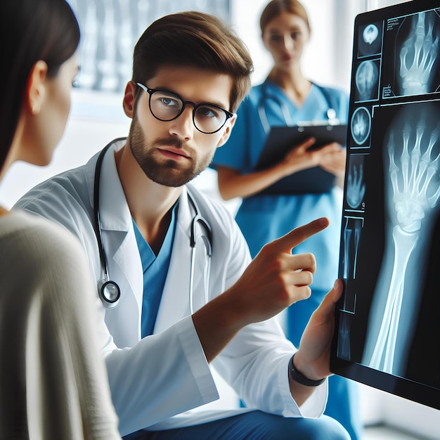 A doctor is pointing to a Xray of a woman39s hand