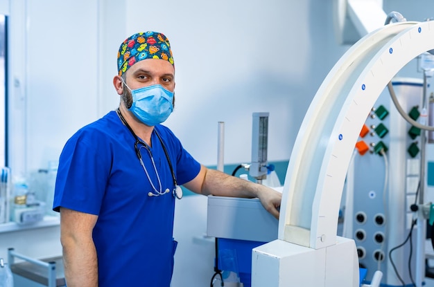 Doctor is posing in surgery room Hitech equipment in modern neurosurgery clinic Selective focus