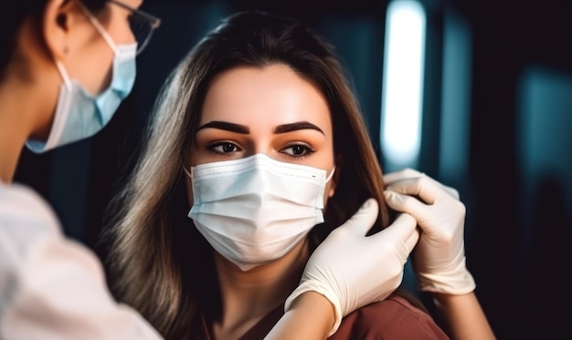 A doctor is putting on a mask to a woman.