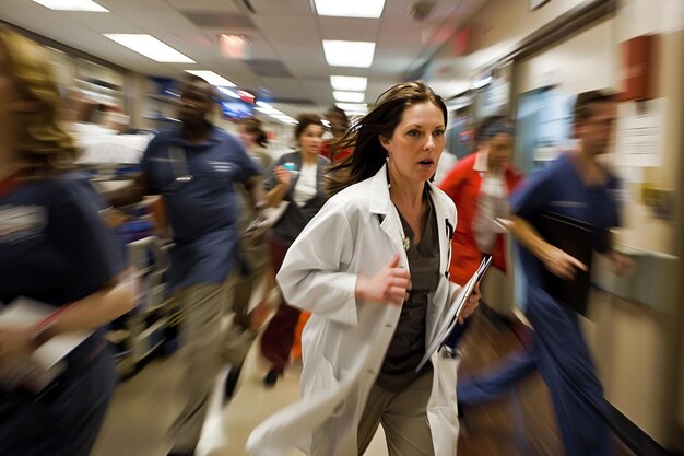 Photo the doctor is rushing through the chaotic emergency room