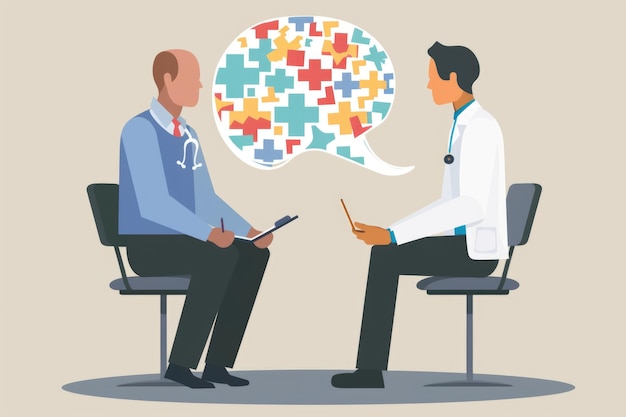 A doctor is seated attentively speaking with a patient sitting in a chair They appear engaged in a meaningful conversation possibly discussing treatment options or medical concerns