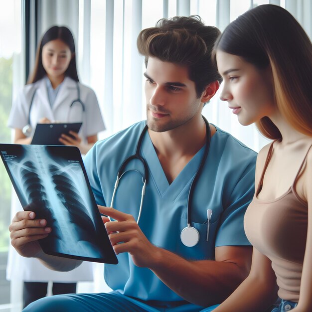 Foto un medico sta mostrando a una donna una radiografia del torace