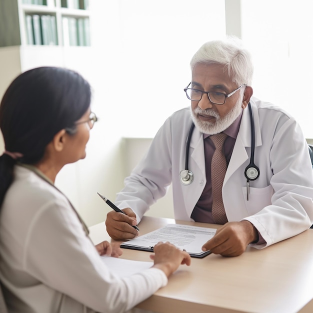 A doctor is sitting at a desk with a woman