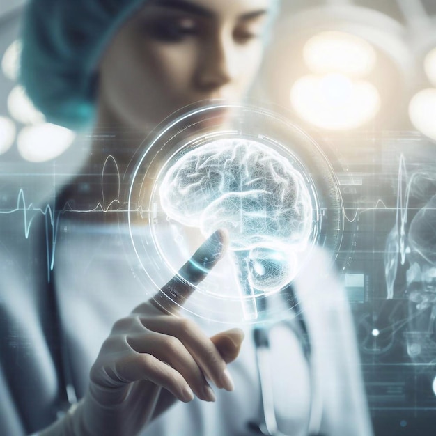 Doctor is using hologram of brain system in operating room generative ai illustration