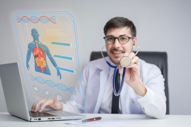 Photo the doctor is using a stethoscope to examine the patient's physical condition with a computer as an assistant