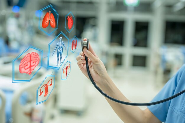 A doctor is using a stethoscope to listen to the patient's lung sounds and heart sounds to diagnose the disease