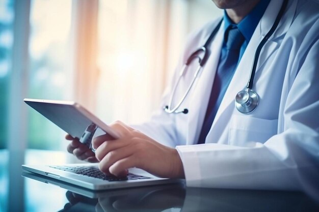 a doctor is using a tablet with a stethoscope on it