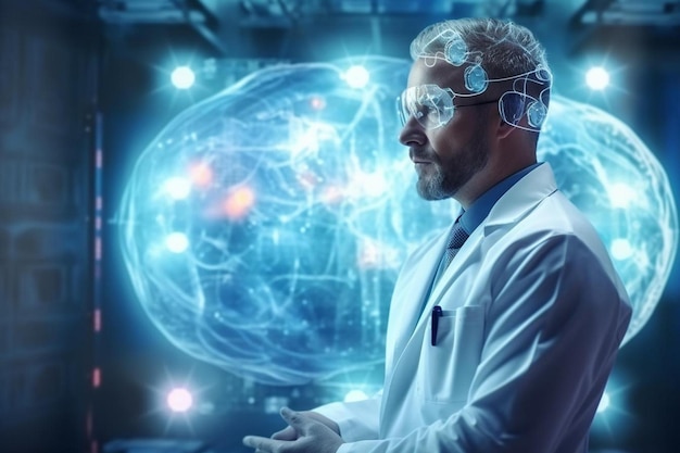 Foto un dottore in camico da laboratorio sta guardando un monitor con uno sfondo blu con un uomo in camico di laboratorio