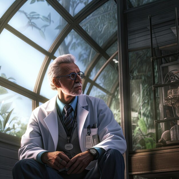 a doctor in a lab coat sitting near plants