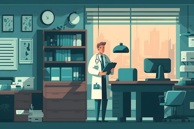 Photo a doctor in a lab coat stands in front of a desk with a clock on it.