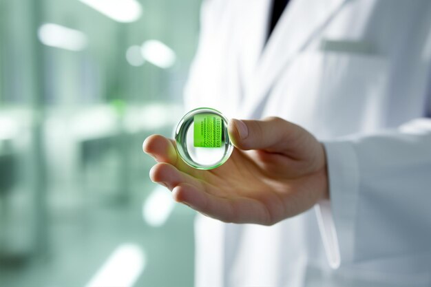 Photo doctor in laboratory holding green vitamin