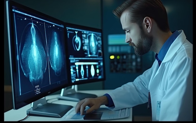 A doctor looking at a computer screen that says'heart'on it