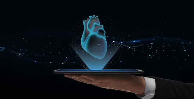 Doctor looking digital holographic heart on tablet pharmacy screen 3D rendering