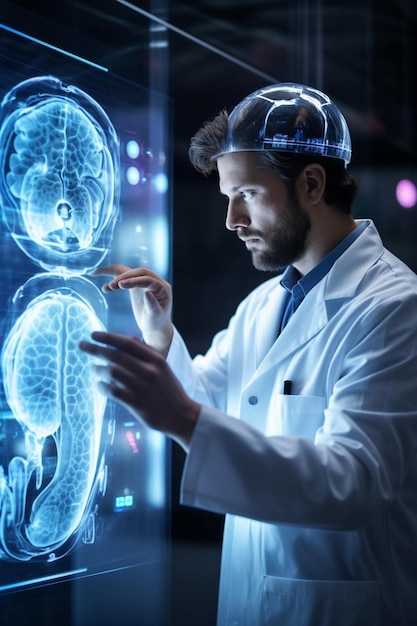 Photo a doctor looking at a medical device with a blue brain on it