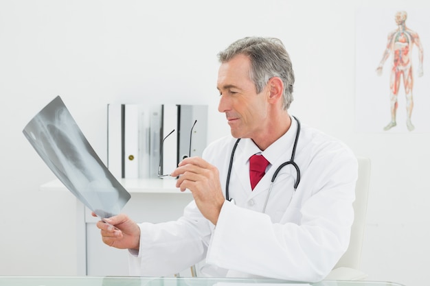 Doctor looking at xray picture of lungs in office