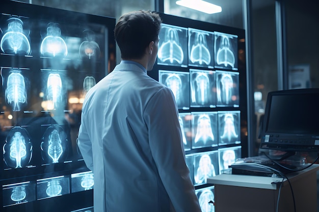 Doctor looking at xrays in laboratory radiologist works with MRI scans