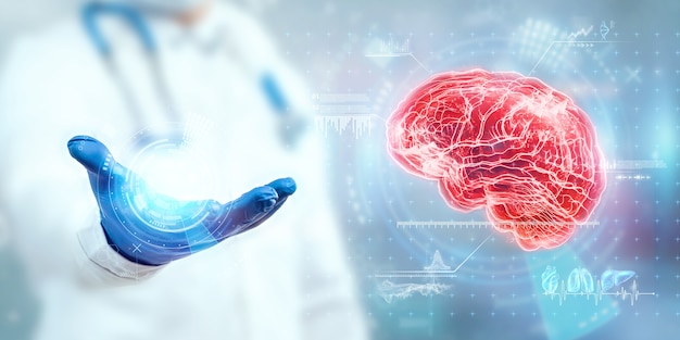 The doctor looks at the brain hologram, checks the test result\
on the virtual interface, and analyzes the data. alzheimer\'s\
disease, brain dementia, innovative technologies, medicine of the\
future.