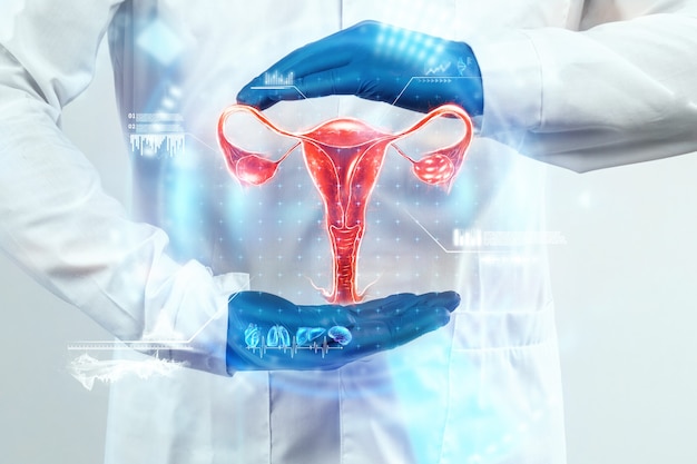 The doctor looks at the hologram of the female uterus, checks the test result. Ovarian disease, ectopic pregnancy, painful periods, surgery, innovative technologies, medicine of the future.