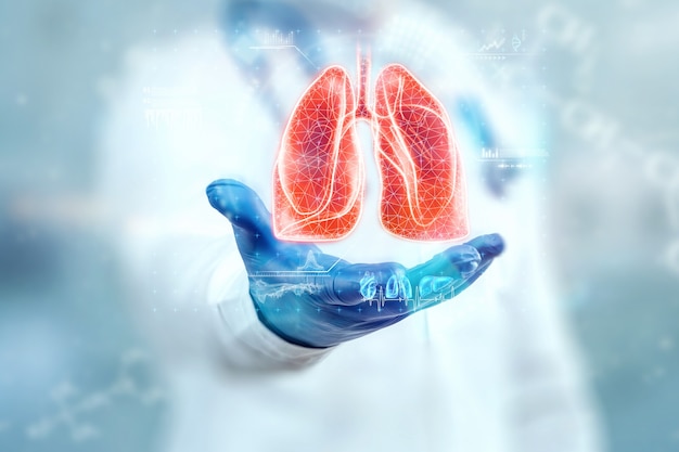 The doctor looks at the hologram of Lungs, checks the test result on the virtual interface and analyzes the data. Pneumonia, donation, innovative technologies, medicine of the future.