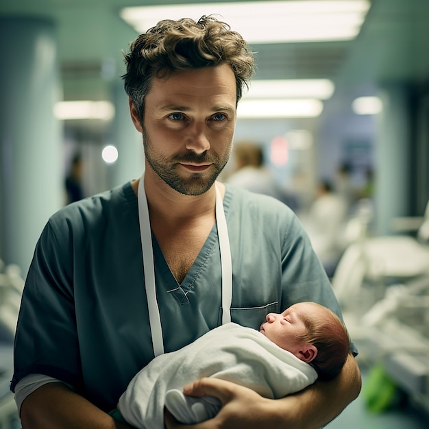 Doctor or Male Midwife with Newborn Baby