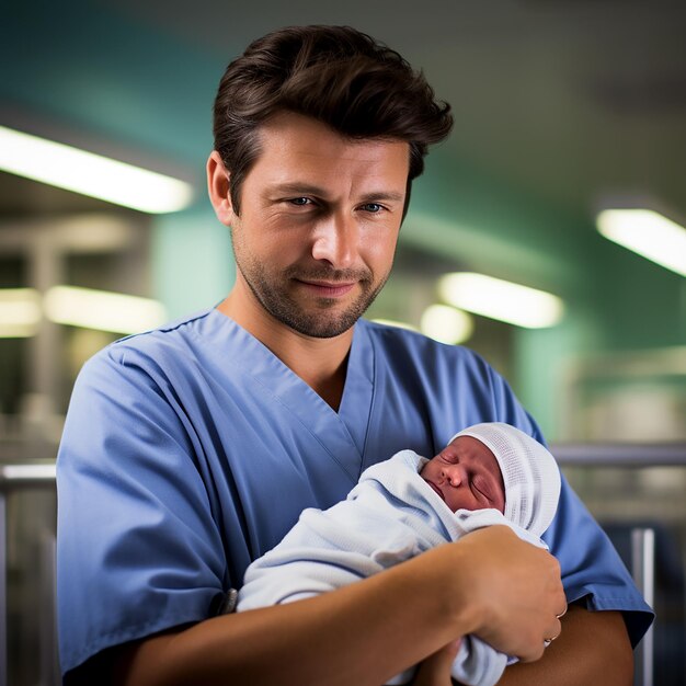 Doctor or Male Midwife with Newborn Baby