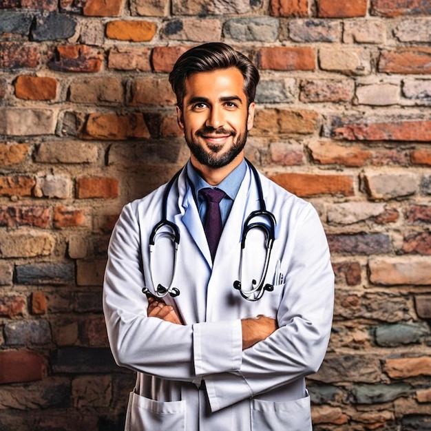 벽 배경으로 서 있는 의사 남자
