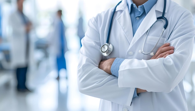 Doctor Man With Stethoscope on white blurred Hospital