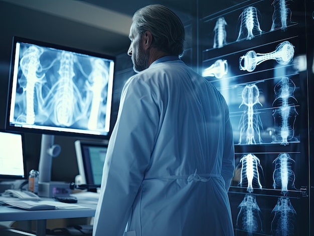 Врач в медицинском обследовании рентгеновского изображения с сосредоточенной решимостью и опытом проверки рентгена