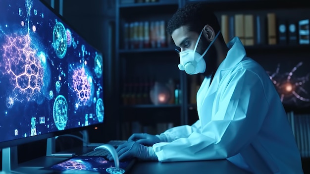 The Doctor of Medical Sciences works in a laboratory with a biological apparatus for analysis and samplingFuturistic innovative technologies Generative AI