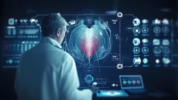 The Doctor of Medical Sciences works in a laboratory with a biological apparatus for analysis and samplingFuturistic innovative technologies Generative AI