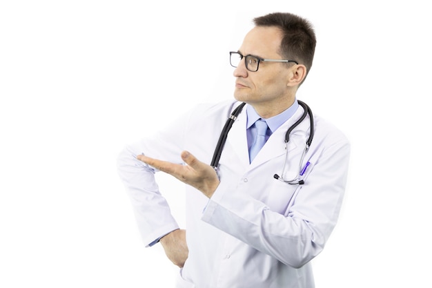 doctor in medical uniform pointing at empty text space