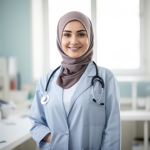 Doctor muslimah smile and wear white coat