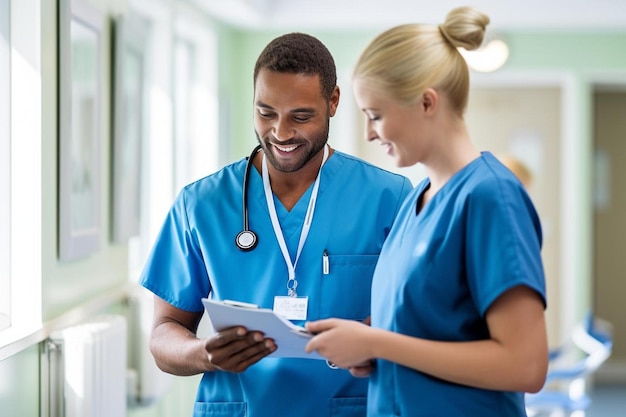 Photo a doctor and a nurse are looking at a clipboard