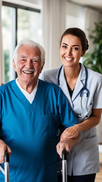 Doctor or nurse caregiver with senior man holding walking cane at home or nursing home
