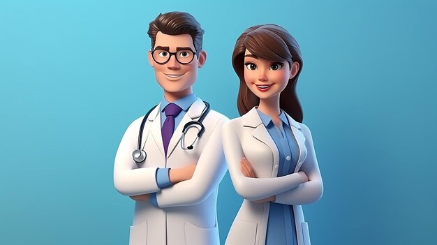 Photo doctor and nurse cartoon characters are standingon blue background