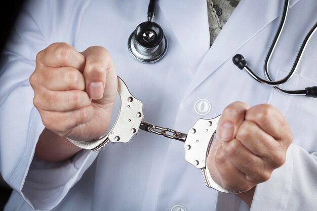 Photo doctor or nurse in handcuffs wearing lab coat and stethoscope
