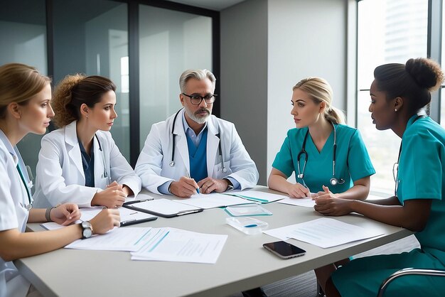 Photo doctor nurse and healthcare professional team or group sitting in the boardroom talking about medicine and discussing treatment during a meeting planning and brainstorming a health cure from