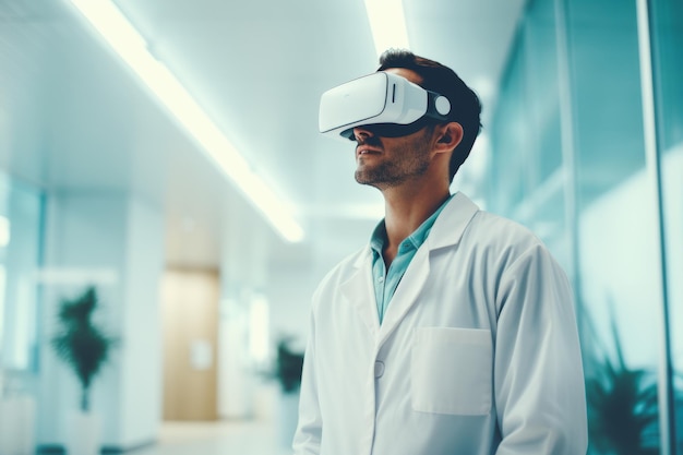 A doctor or nurse healthcare worker wearing vr virtual reality headsets in a hospital