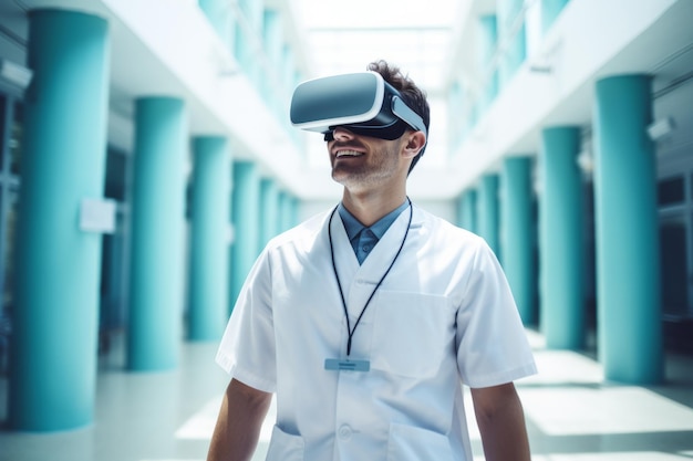 병원에서 VR 가상 현실 헤드을 착용하는 의사 또는 간호사 의료 종사자