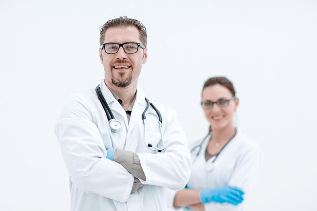 Doctor and nurse on a light backgroundphoto with copy space