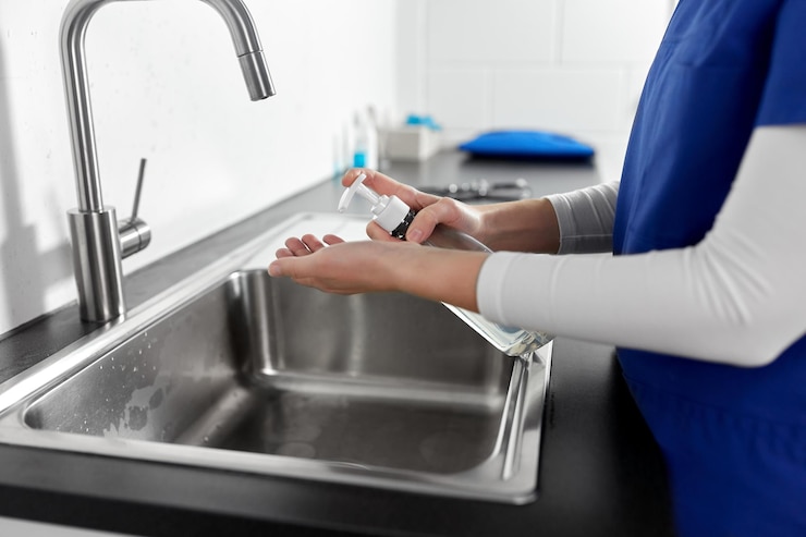 Photo doctor or nurse washing hands with liquid soap