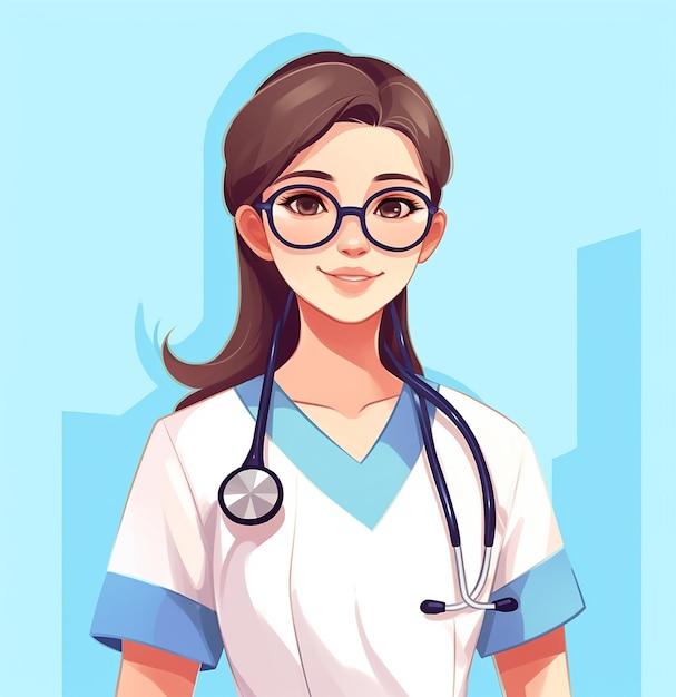 Doctor and nurse with glasses is wearing a uniform in the style of anim photos