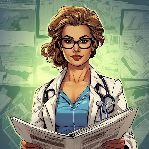 Doctor and nurse with glasses is wearing a uniform in the style of anim photos