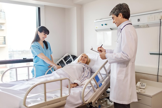 doctor and nurse with senior patient in hospital