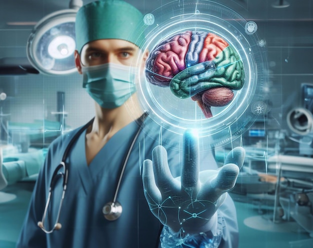 Doctor in operating room and brain system graphic hologram technology generative ai art