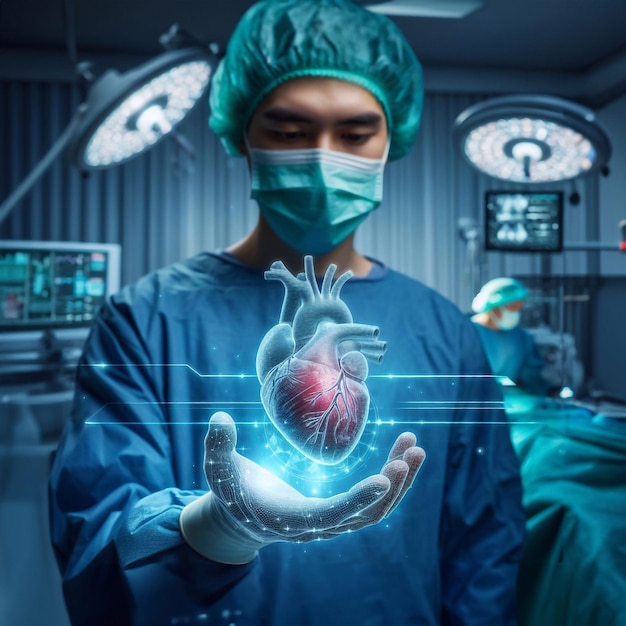 手術室と心臓系の医師 グラフィック・ホログラム・テクノロジー ジェネレーティブ・アイ・アート