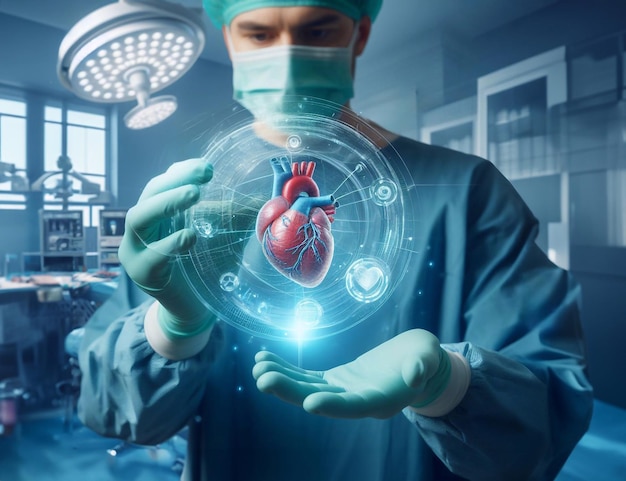 Doctor in operating room and heart system graphic hologram technology generative ai art