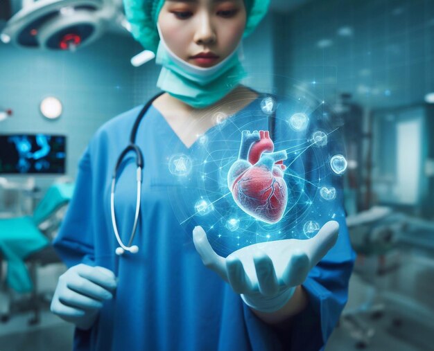 Doctor in operating room and heart system graphic hologram technology generative ai art